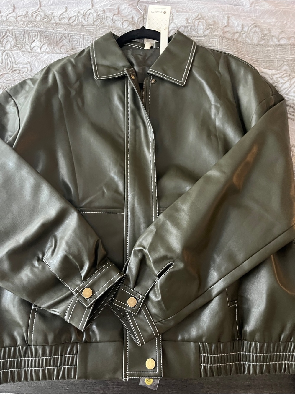 Olive Green Faux Leather Jacket with Contrast Topstitching